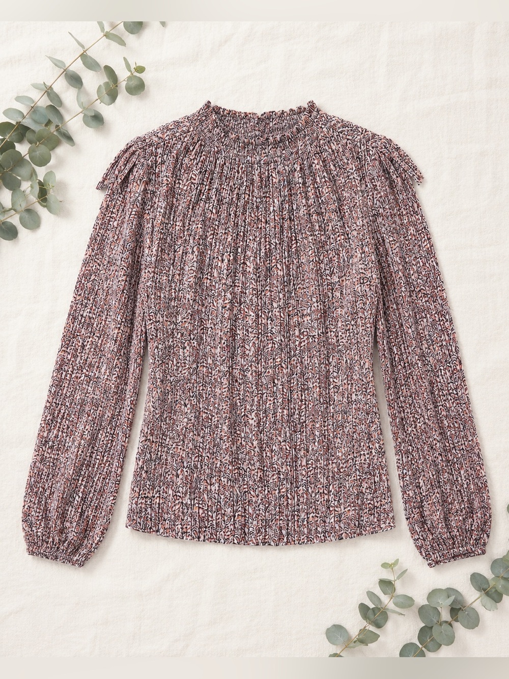 J.Crew Floral Pleated Blouse Smocked Neck Boho Long Sleeve Size M